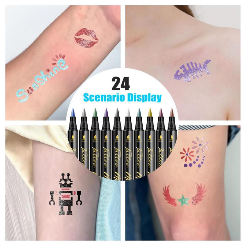 Temporary Tattoo Markers,10/12/18/24 Colors Metallic Markers,Tattoo Stencil, Cosmetic Tattoos Pens,Flexible Brush Tip, Bright colors, Face Paint Kit Cosmetic Quality,Christmas gifts