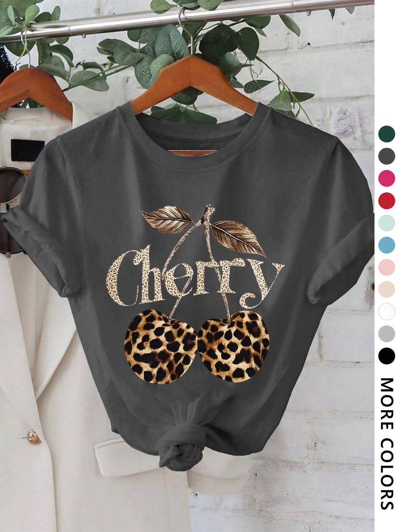 Women's Cherry & Leopard Print Round Neck Graphic Tee, Vintage Trendy Casual Short Sleeve T-shirt for Daily Wear, Ladies All Seasons Outfit, Top