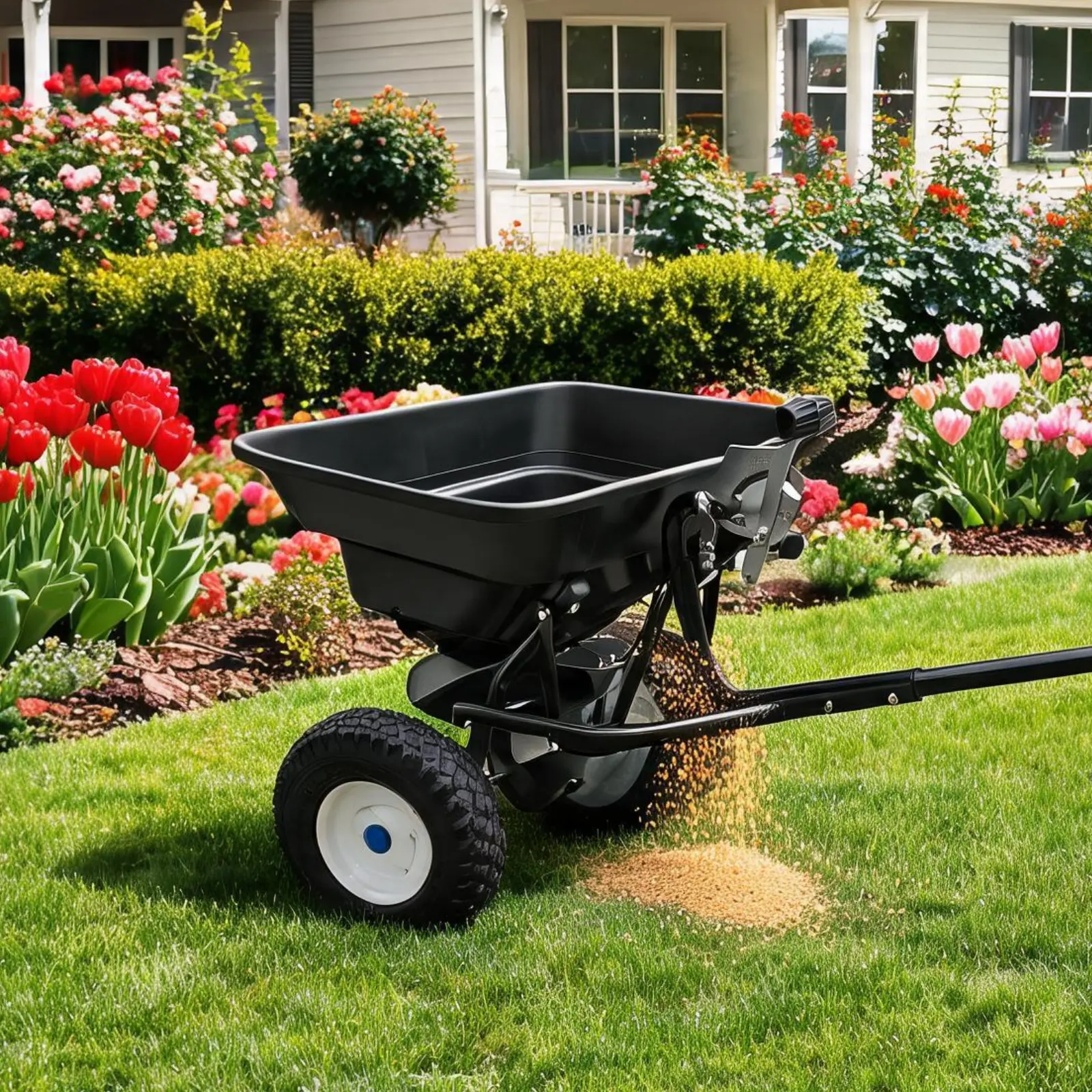 Tow Behind Broadcast Spreader, 110 LBS Capacity Fertilizer Spreader with Hopper Cover and Universal Hitch, Lawn Spreader for Seed, Fertilizer, Salt, and Ice Melt