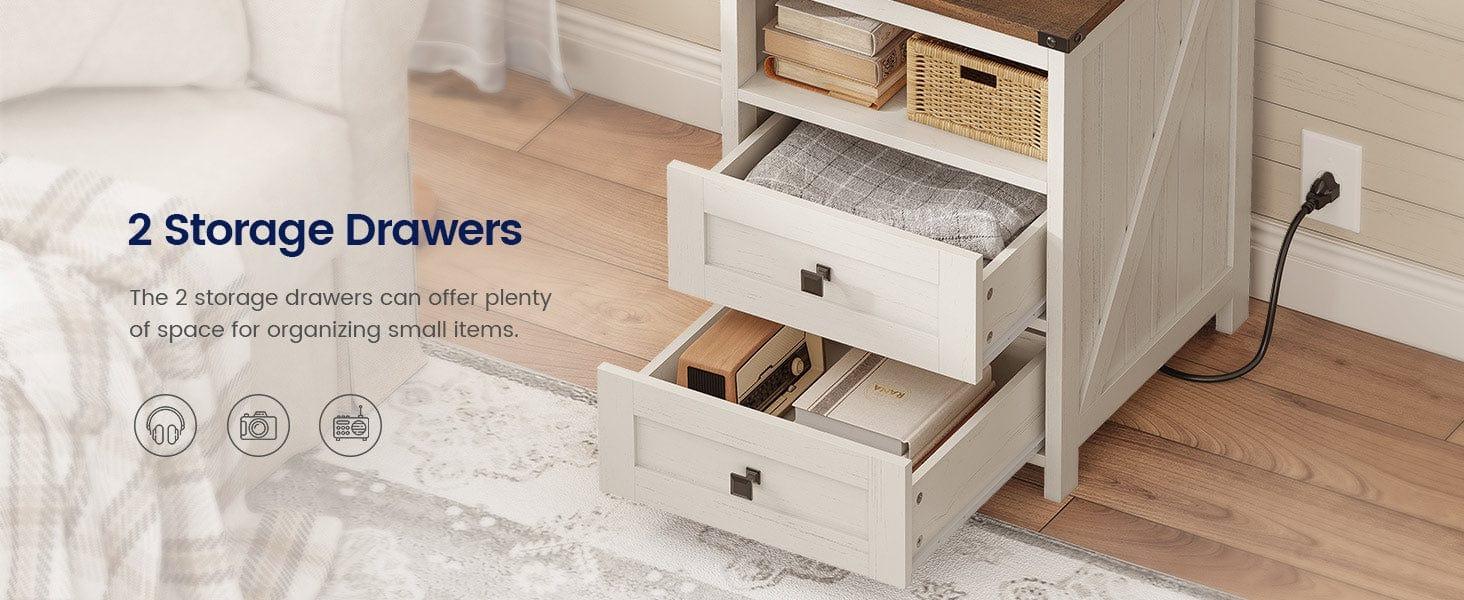 Sikaic Tall Nightstand with Charging Station and Bookshelf White Farmhouse Bedside End Side Table with Led, 2 Drawers, 6 Hooks and Storage Shelves for Bedroom