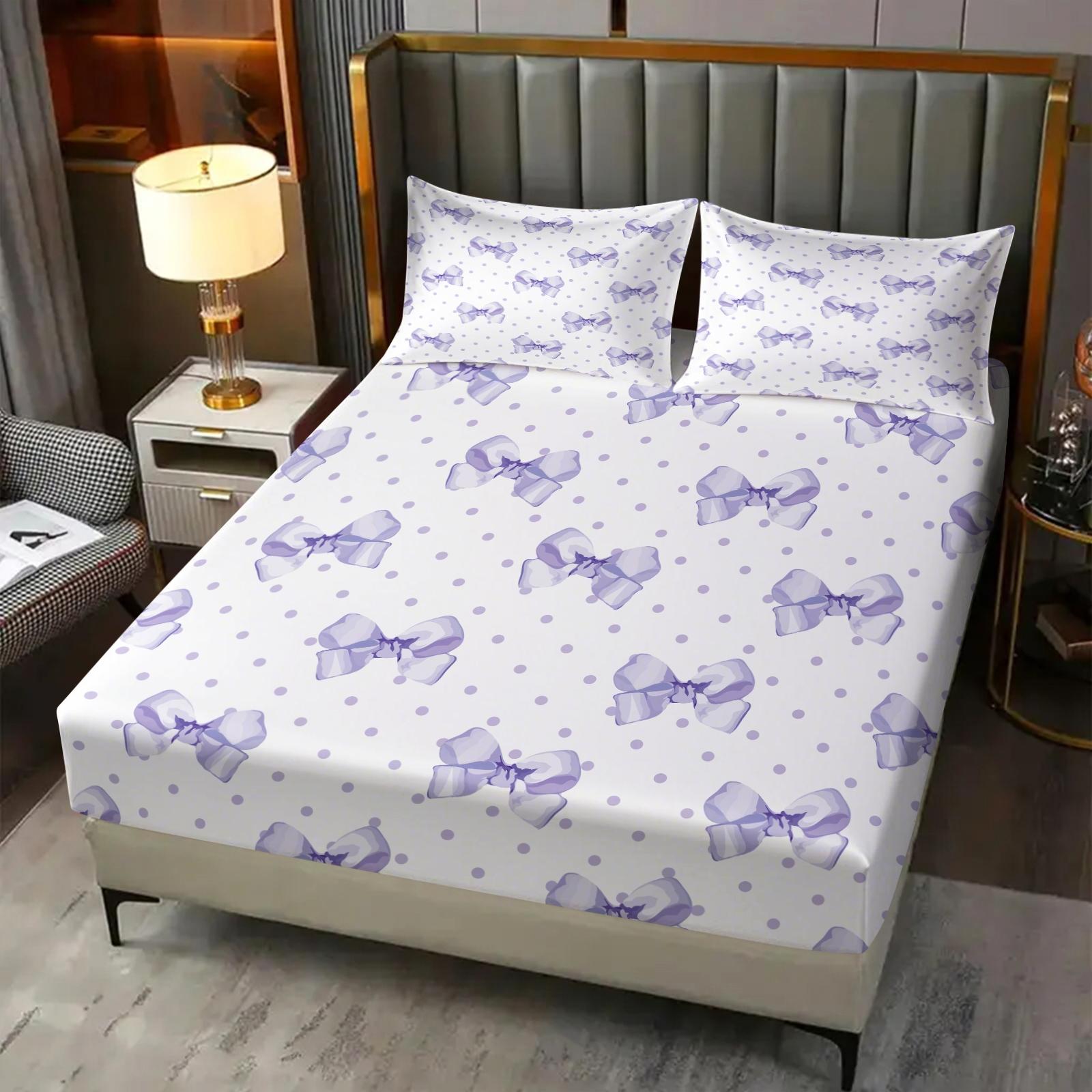 3Pcs Cute Bow Knot Fitted Sheet Set, Fresh Pastel Ribbon Deep Pocket Bed Sheet, Sweet Gift for Girls & Women for Bedroom