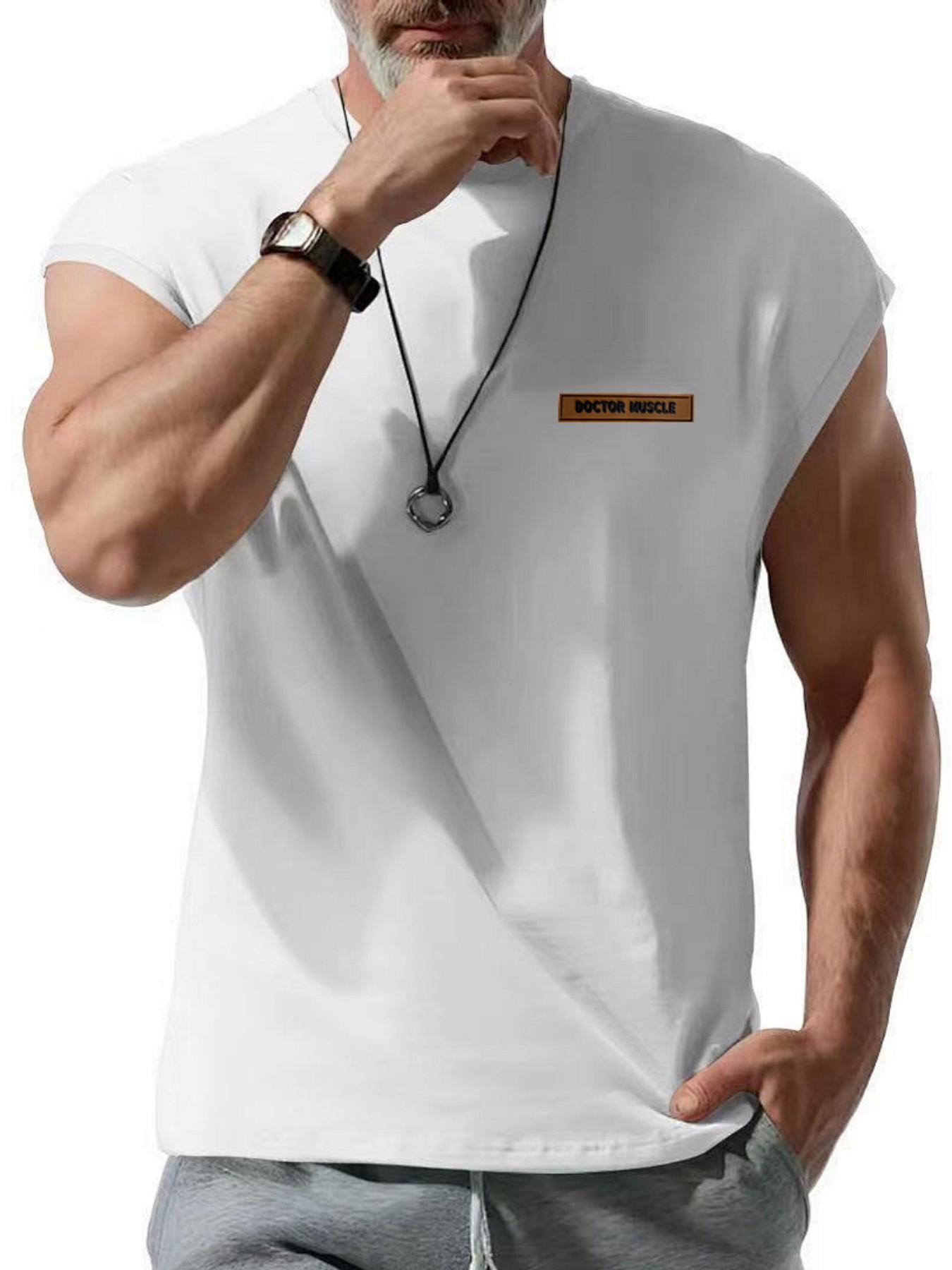 Men's Casual Round Neck Muscle Tank Top, Breathable Summer Sports Shirt with Leather Patch Details, Comfortable and Stylish