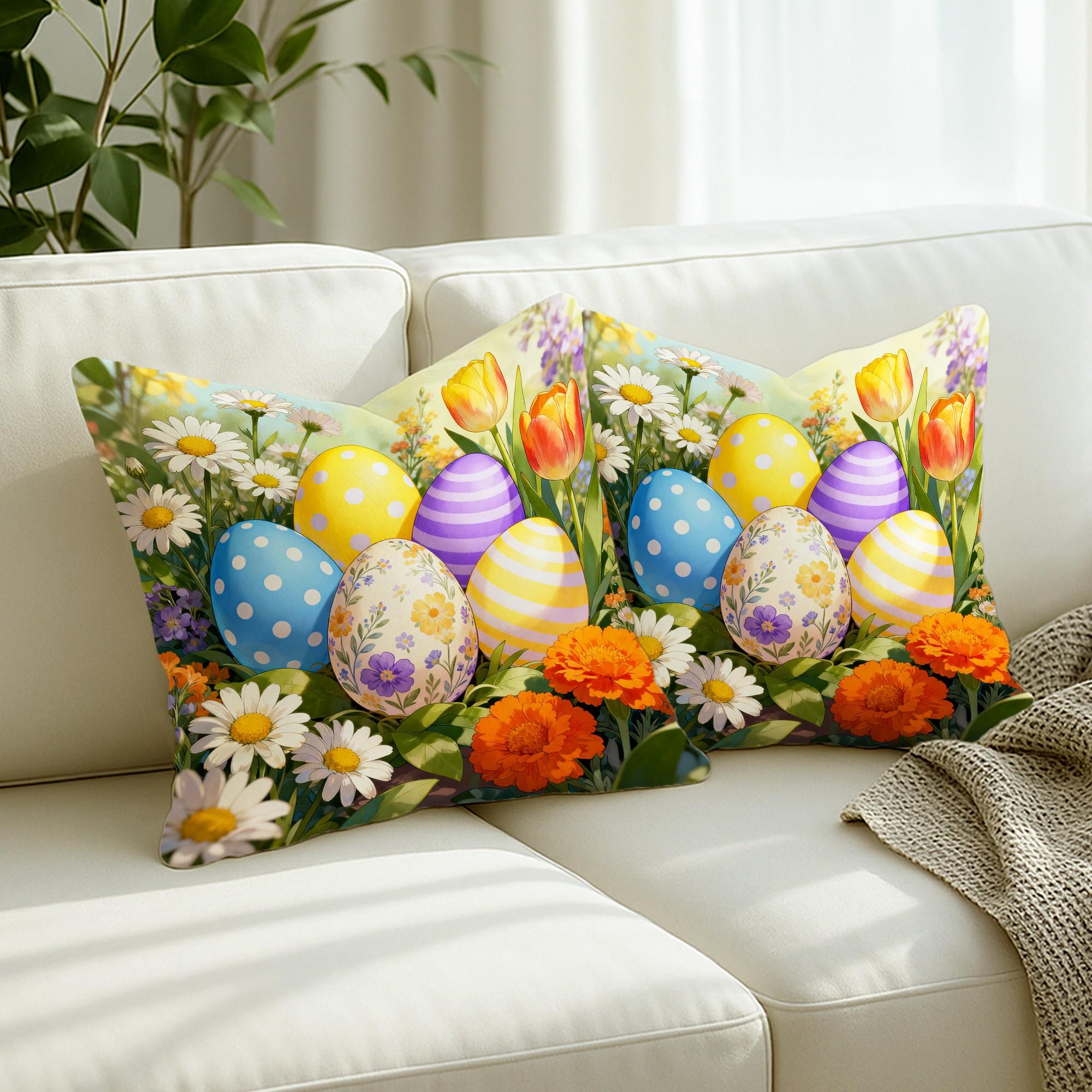 Jit 2pcs 2D Flat Easter Eggs Throw Pillow Covers, Spring Festive Daisies Tulips Design, Soft Velvet Material, Washable Cushion Cover
