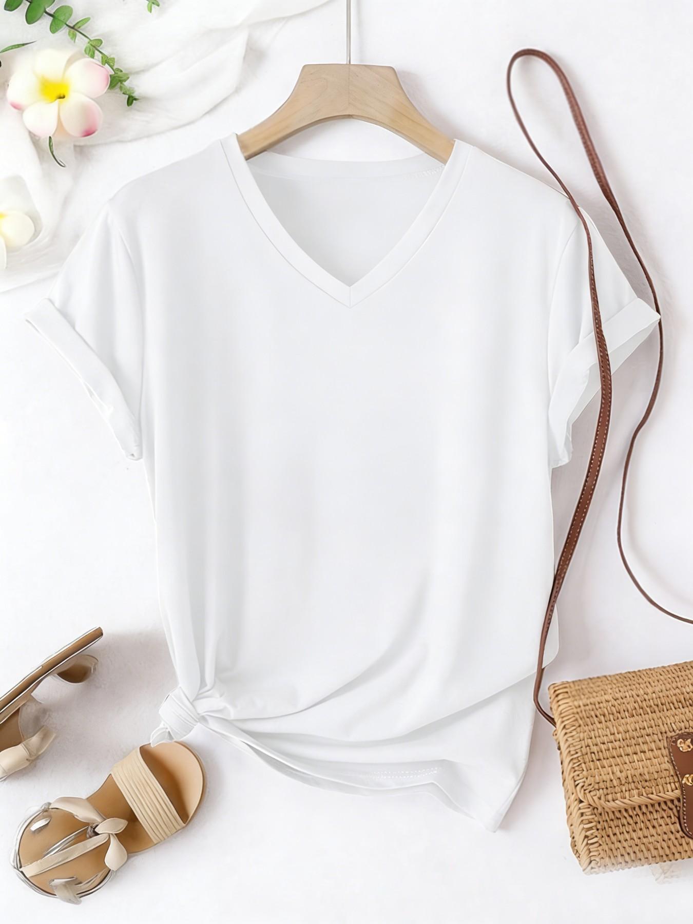 Women's V-Neck Solid Color Short Sleeve Basic Minimalist T-Shirt, Casual Fitted Top, Soft Comfortable Fabric, Summer All Seasons Wear, Casual Tops