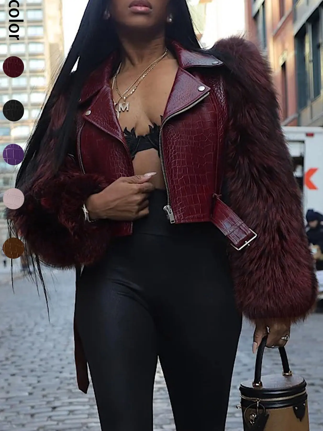 Women's Patchwork Fur Jacket, Crocodile Texture Sleeves, Zipper Design, Casual Biker Style, All Seasons Wear, Stylish & Luxurious Look