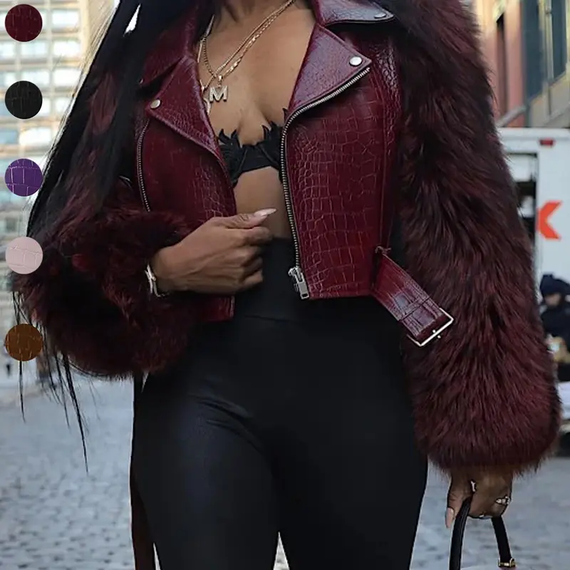 【Black Friday】Women's Faux-Fur Sleeve Crocodile-Embossed Faux Leather Cropped Moto Jacket with Asymmetrical Zip