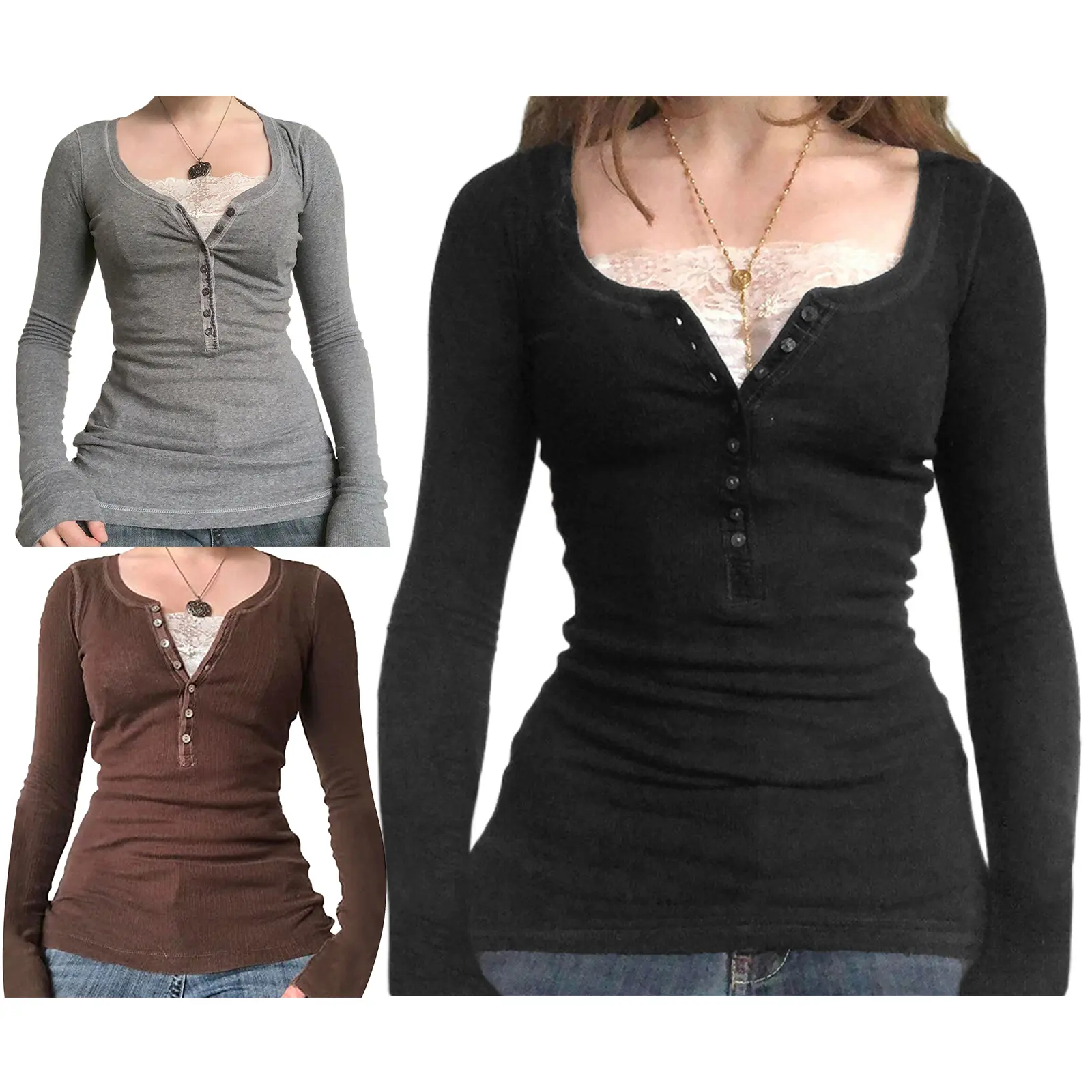 Women Y2K Ribbed Knit Long Sleeve Henley Top Scoop Neck Partial ButtonFitted Basic Layering Shirt Casual Fall Daily T-Shirt