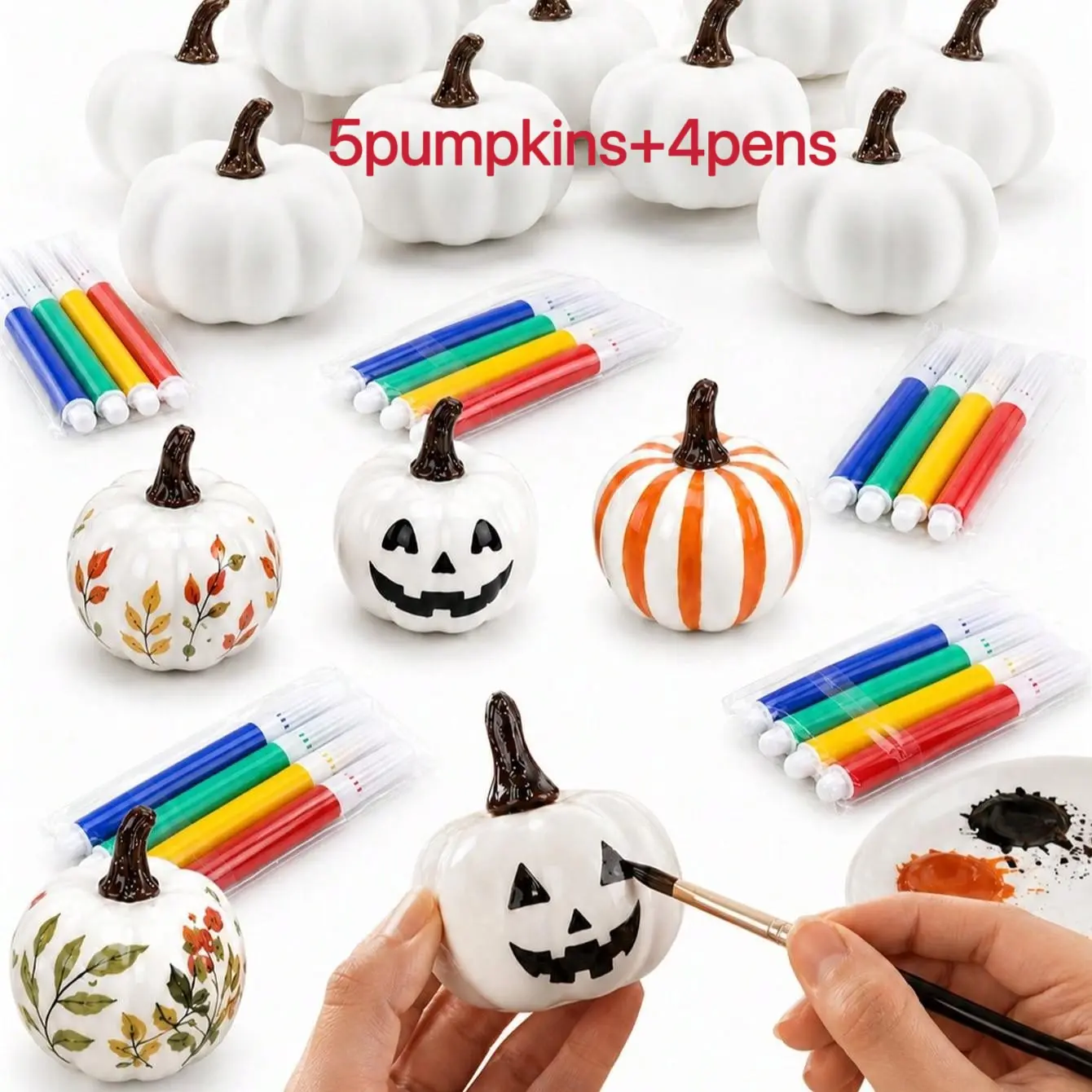 9-Piece Handmade Pumpkin Craft Kit, Includes 5 Painted Pumpkins and 4 Brushes, Perfect for Halloween Decor and Party Gifts