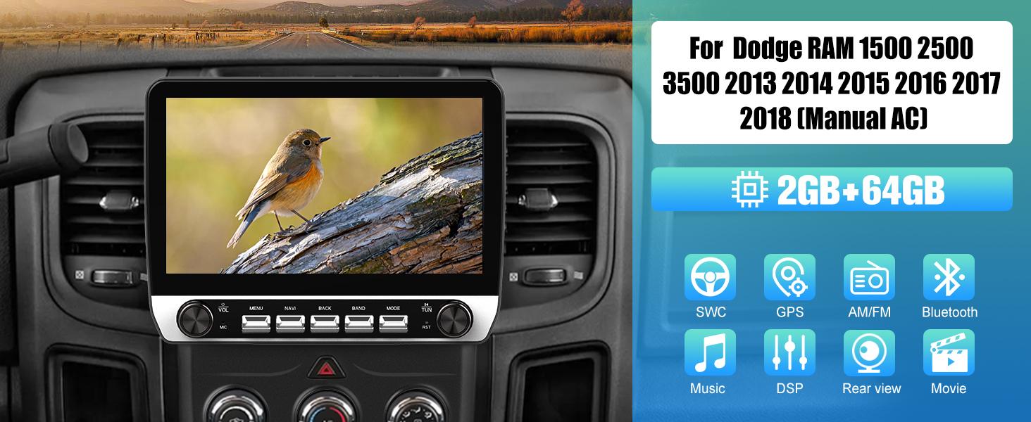 10.1" Android 13 Car Stereo for Dodge Ram 1500 2500 3500 2013-2018 (Manual AC) touch screen has Android Auto Wireless Carplay, Bluetooth WIFI supports GPS Navigation
