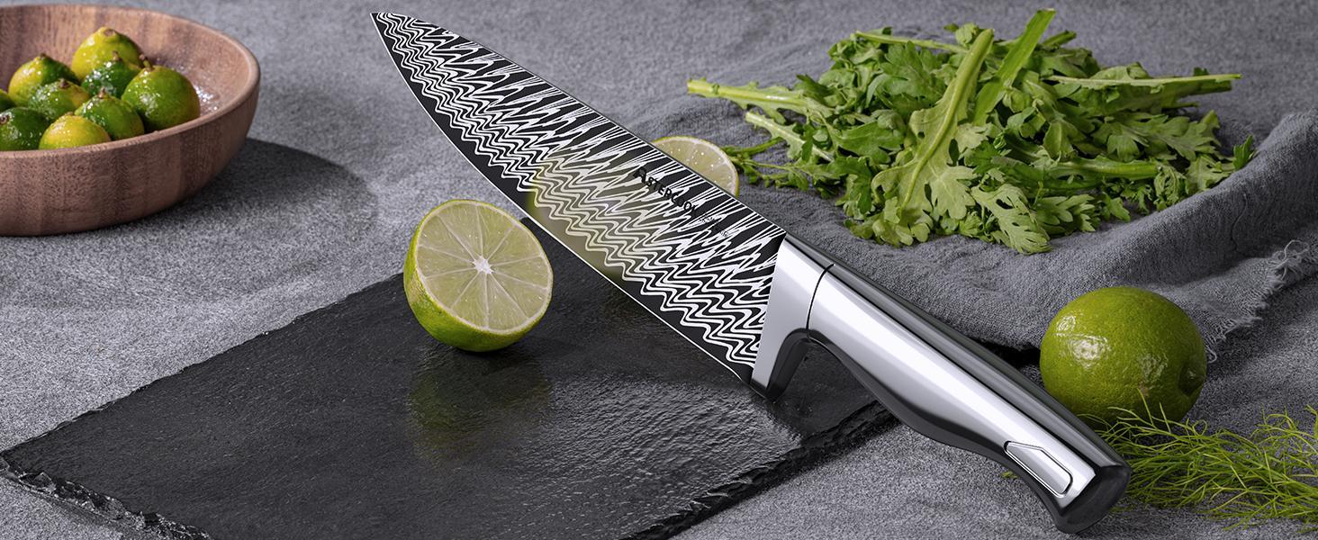 Astercook Knife Set, 14 Pieces Kitchen Knife Block Set with Built in Knife Sharpener Block, Dishwasher Safe, German Stainless Steel, Best Gift, Silver Wood Steak Wooden