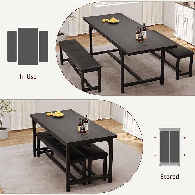 Dining Table Set for 4-6, 63" Extendable Dining Room Table Set With 2 Upholstered Benches, 3 Piece Large Rectangle Kitchen Table Set With Metal Frame for Apartment, Saving Space