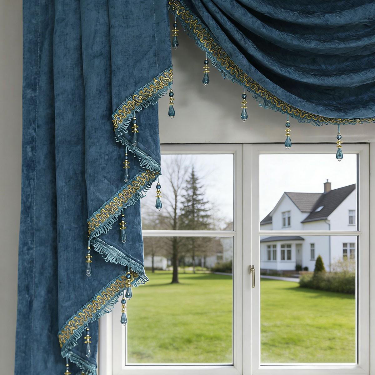 European Luxury Fog Blue Velvet Curtain Header, Customizable Floor-To-Ceiling Window Drapery, American Vintage Style Decorative Curtain