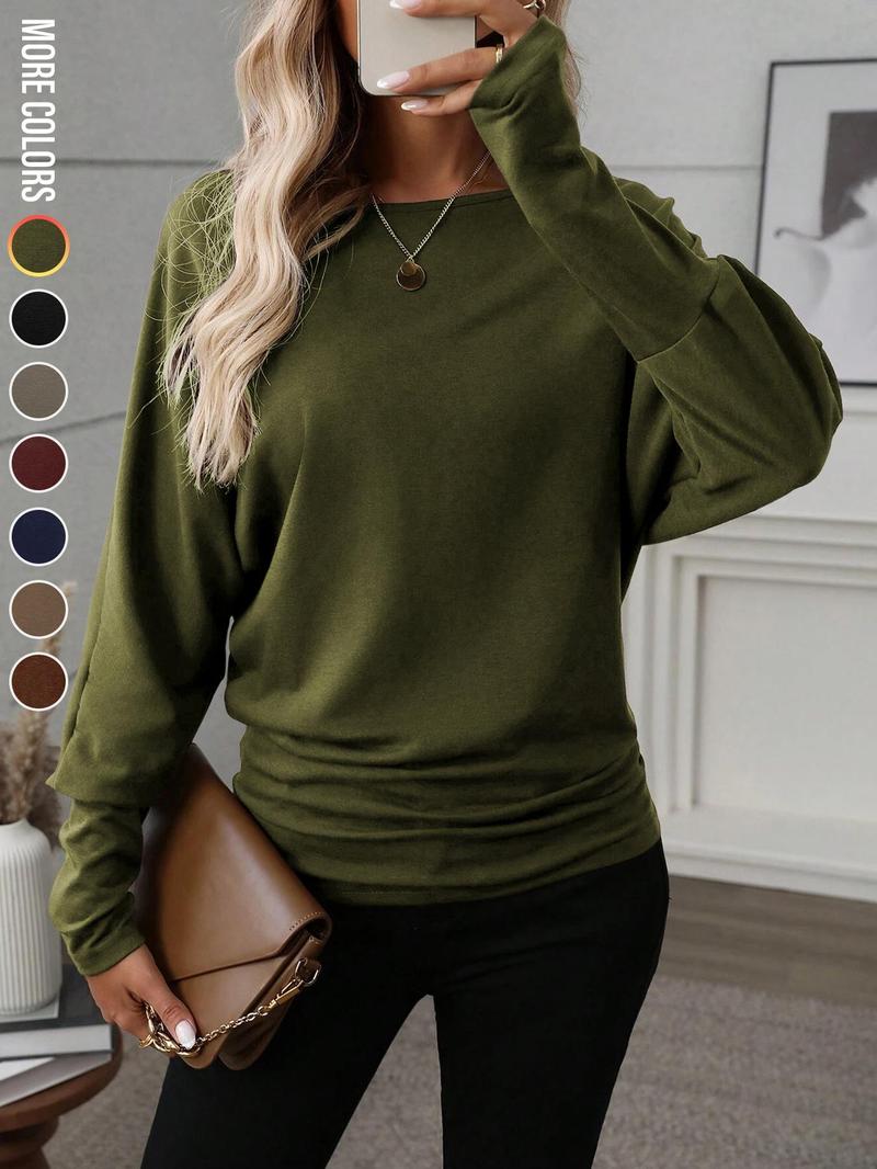 Women's Batwing Sleeve Solid Color T-Shirt, Stretchy Long Sleeve Top, Casual Fashionable Top, Warm Base Layer, Perfect for Everyday Wear & Parties