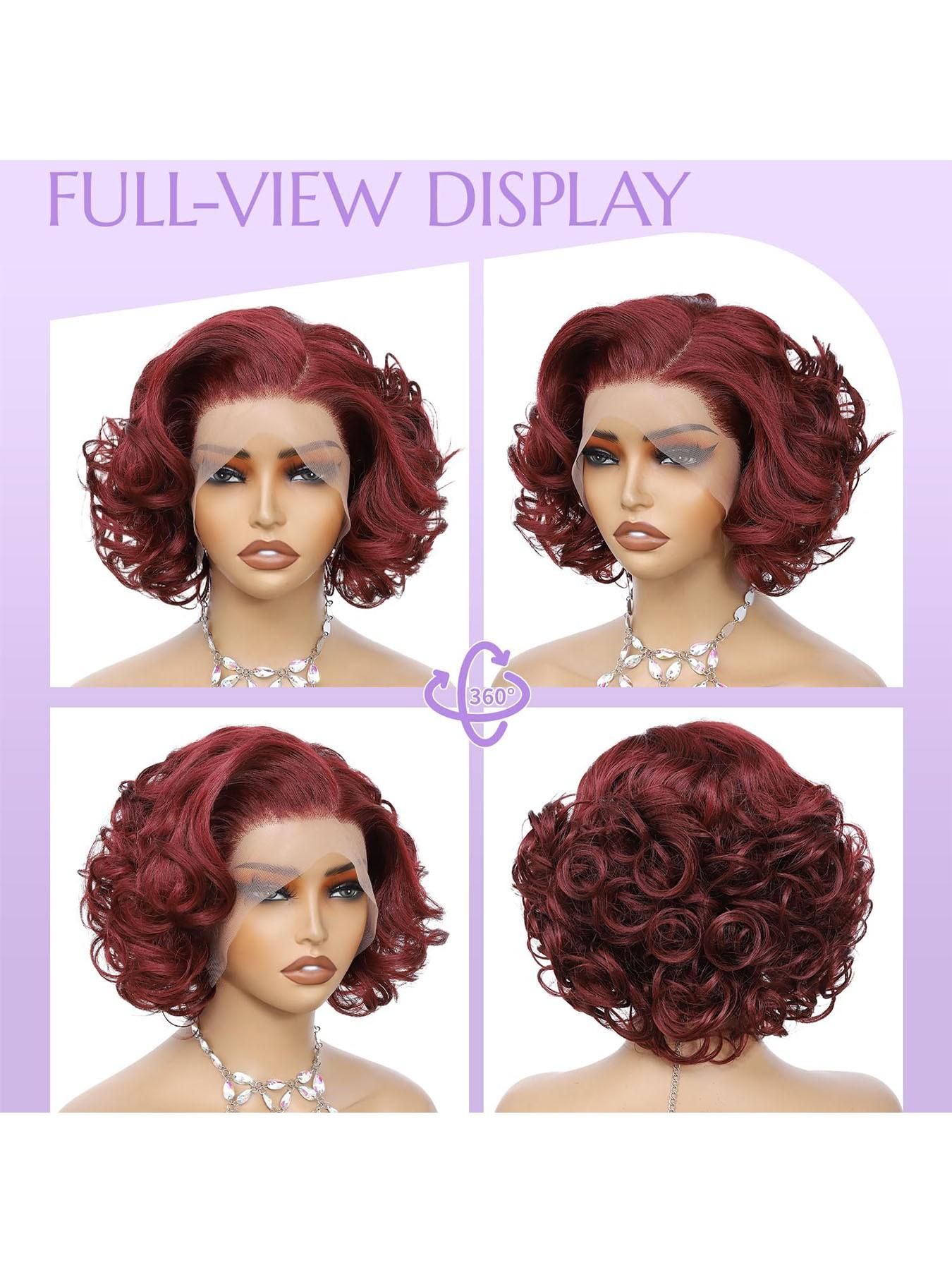 [Super Deal] Short Bob Wig Burgundy Loose Body Wave Synthetic 13x4 Lace Front Wigs Heat-Resistant Hair 200% Density 13x4 HD Transparent Lace Front Wigs Pre Plucked Hairline Suitable To Wear On Daily Or Holiday Occasions Wig