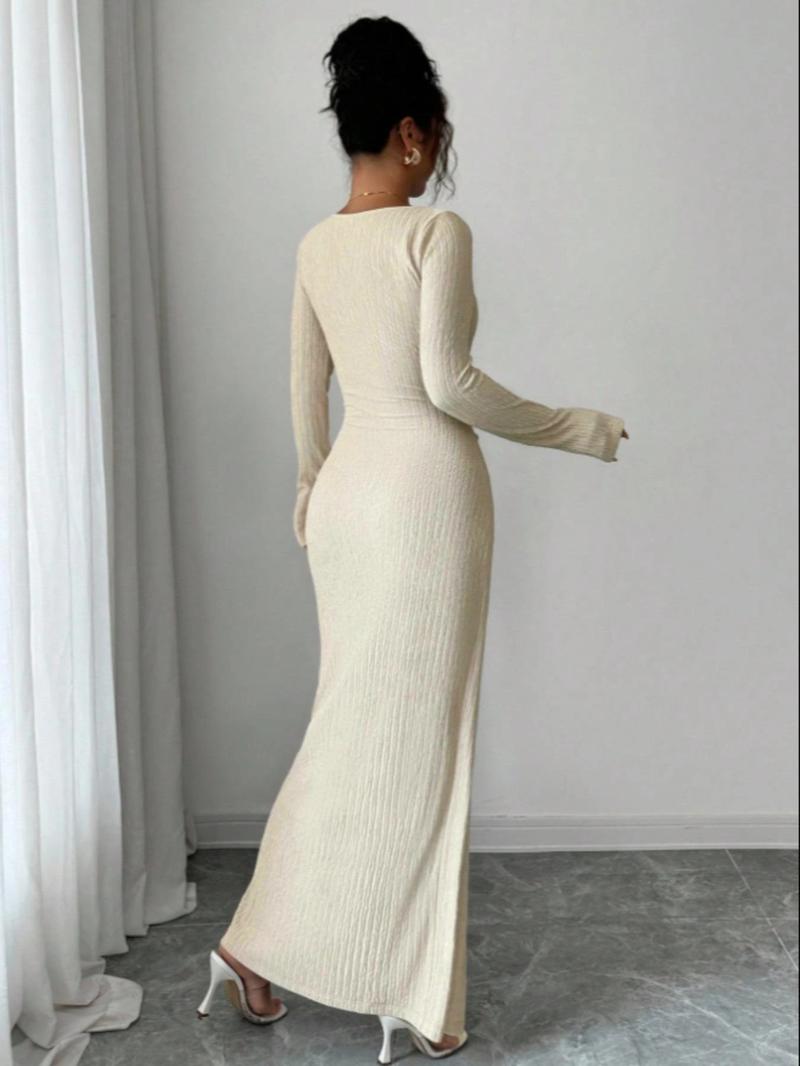 Women's Fashion Solid Color Twisted Long Dress, Asymmetrical-Neck Knitted Texture Bodycon Slit Design Dress, Classy Modest Fall Winter Women Clothes