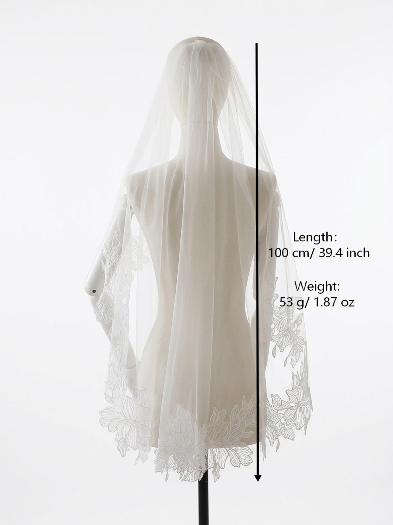 Luxurious Bride Veil, 100cm Single Layer Embroidered Floral Lace Trim, Romantic Wedding Hair Accessory, Transparent Tulle Veil for Bridal Shower