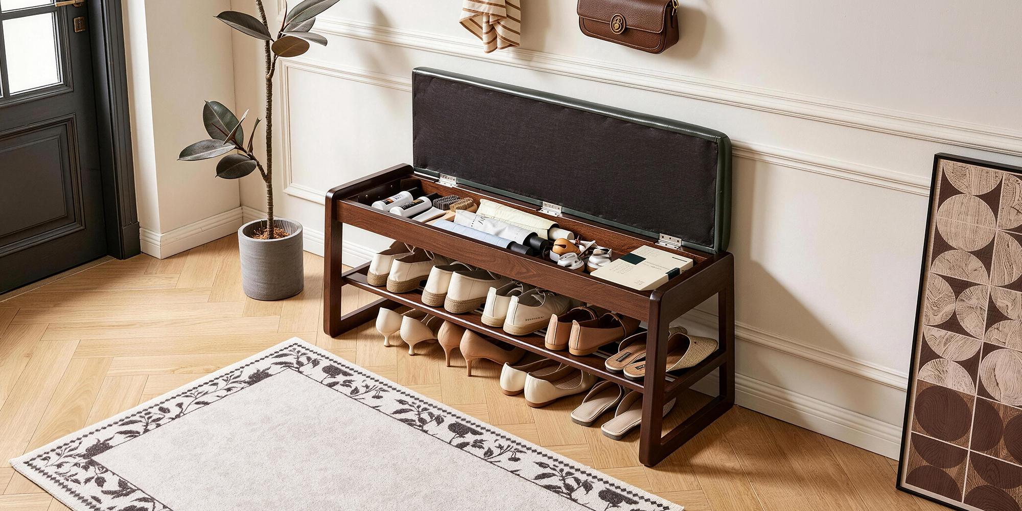 [Bellemave] 39.37"/31.5" Wood Shoe Storage Bench with Premium Vegan Leather Seat, Hidden Lift Top Storage Tiered Open Shoe Shelves, Sturdy Shoe Rack Bench for Entryway Bedroom