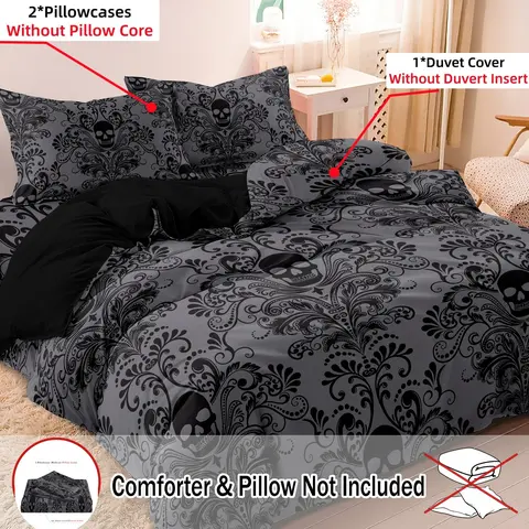3pcs Soft & Breathable Duvet Cover Bedding Set - HD Black Floral Skull Pattern, Includes 1 Duvet Cover and 2 Pillowcases (No Insert) - Perfect for All Seasons, Machine Washable, Halloween Present