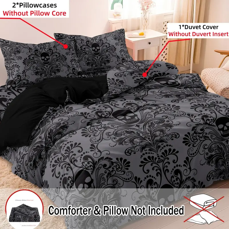 3pcs Soft & Breathable Duvet Cover Bedding Set - HD Black Floral Skull Pattern, Includes 1 Duvet Cover and 2 Pillowcases (No Insert) - Perfect for All Seasons, Machine Washable, Halloween Present