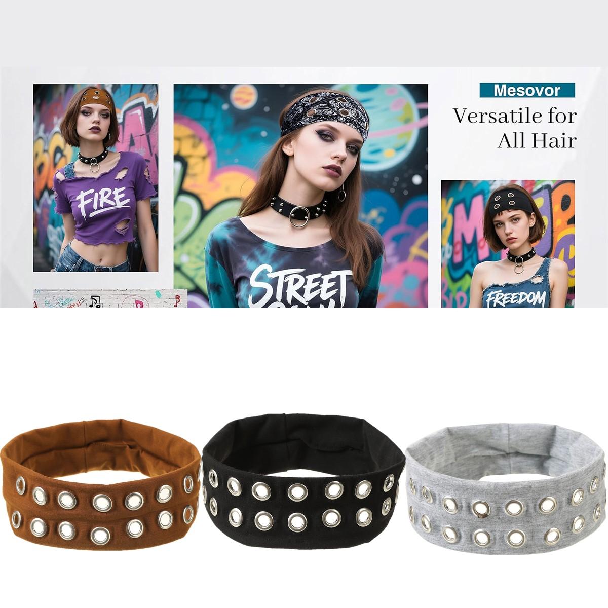 AWAYTR Fashion Grommet Wide Headbands for Women Hollow Out Elastic Head Bands Y2k Girls Punk Grunge Stretchy Hair band Hair Accessories