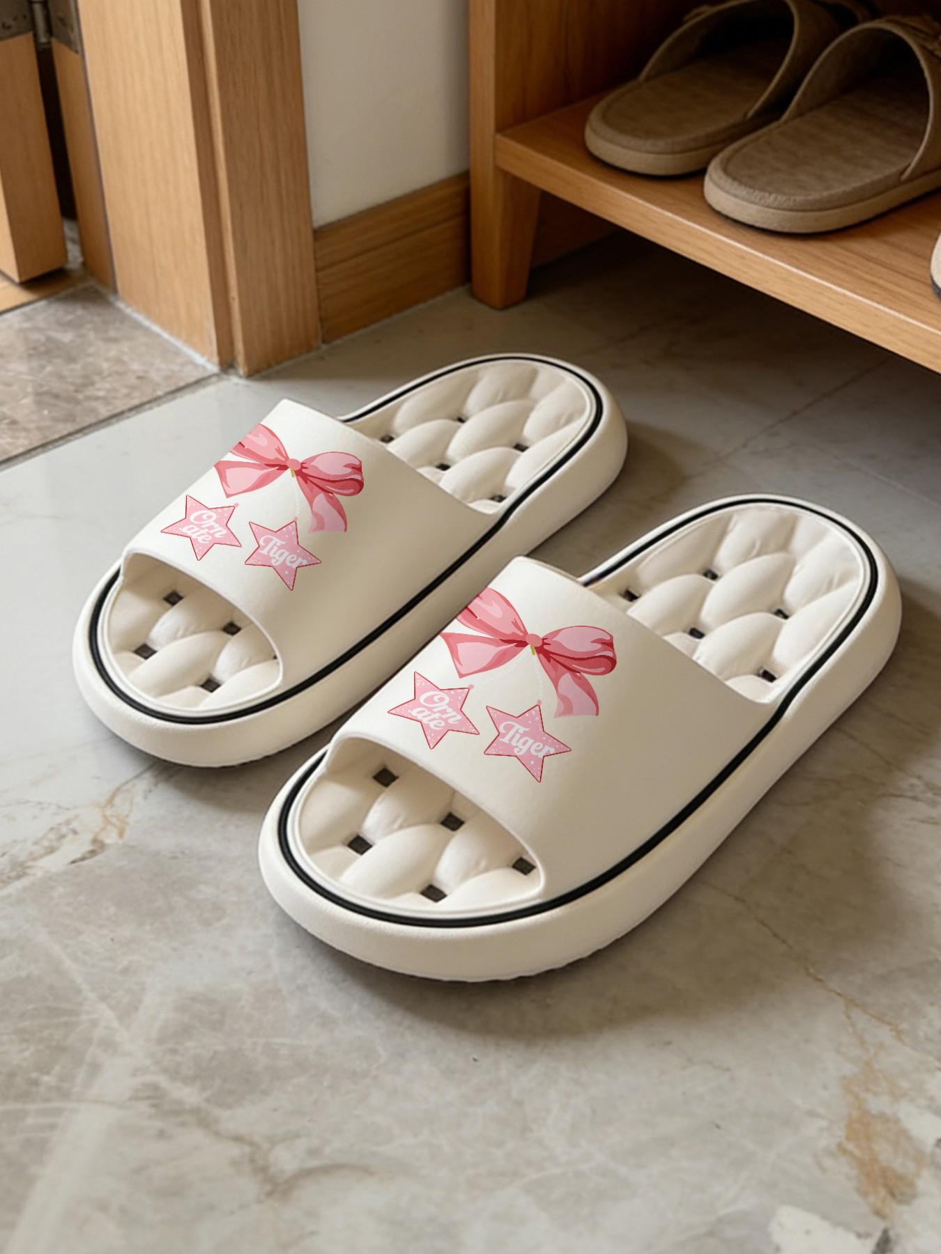 1 Pair Pink Bow Star Themed Printed Hollow Massage Thick Sole Slippers, Sweet Girl Style, Non-slip Soft Sole, Quick-dry for Bathroom, Indoor & Outdoor Dual-use, Open Toe Slides, Bathroom Casual Slippers