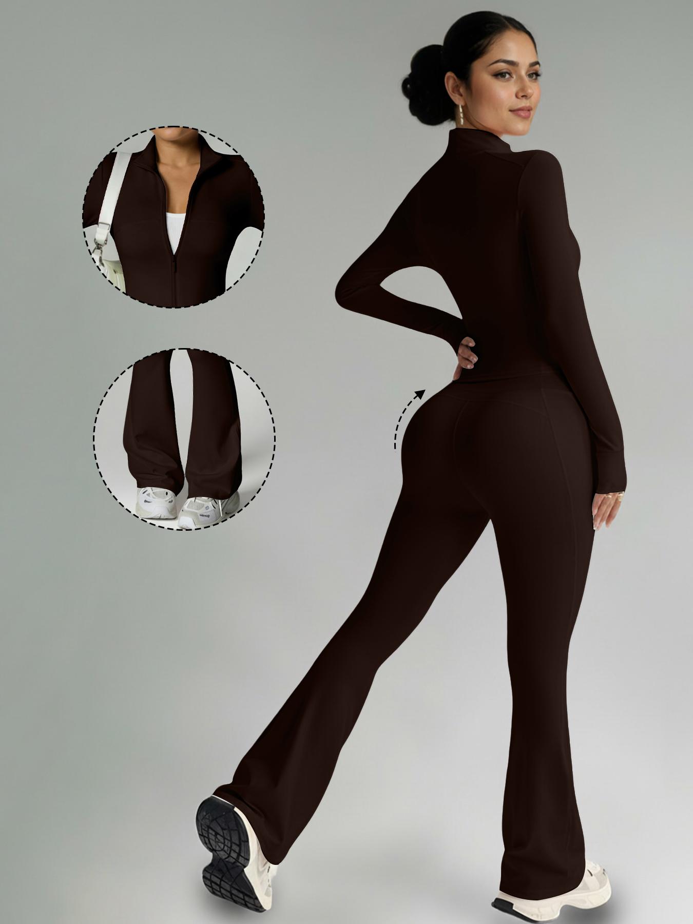 Women's Fashion Two-Piece Set, Slim Fit Long Sleeve Thumb Hole Cuffs, Zipper Front Jacket Style, High Waist Flared Pants, Fall & Winter Casual Wear