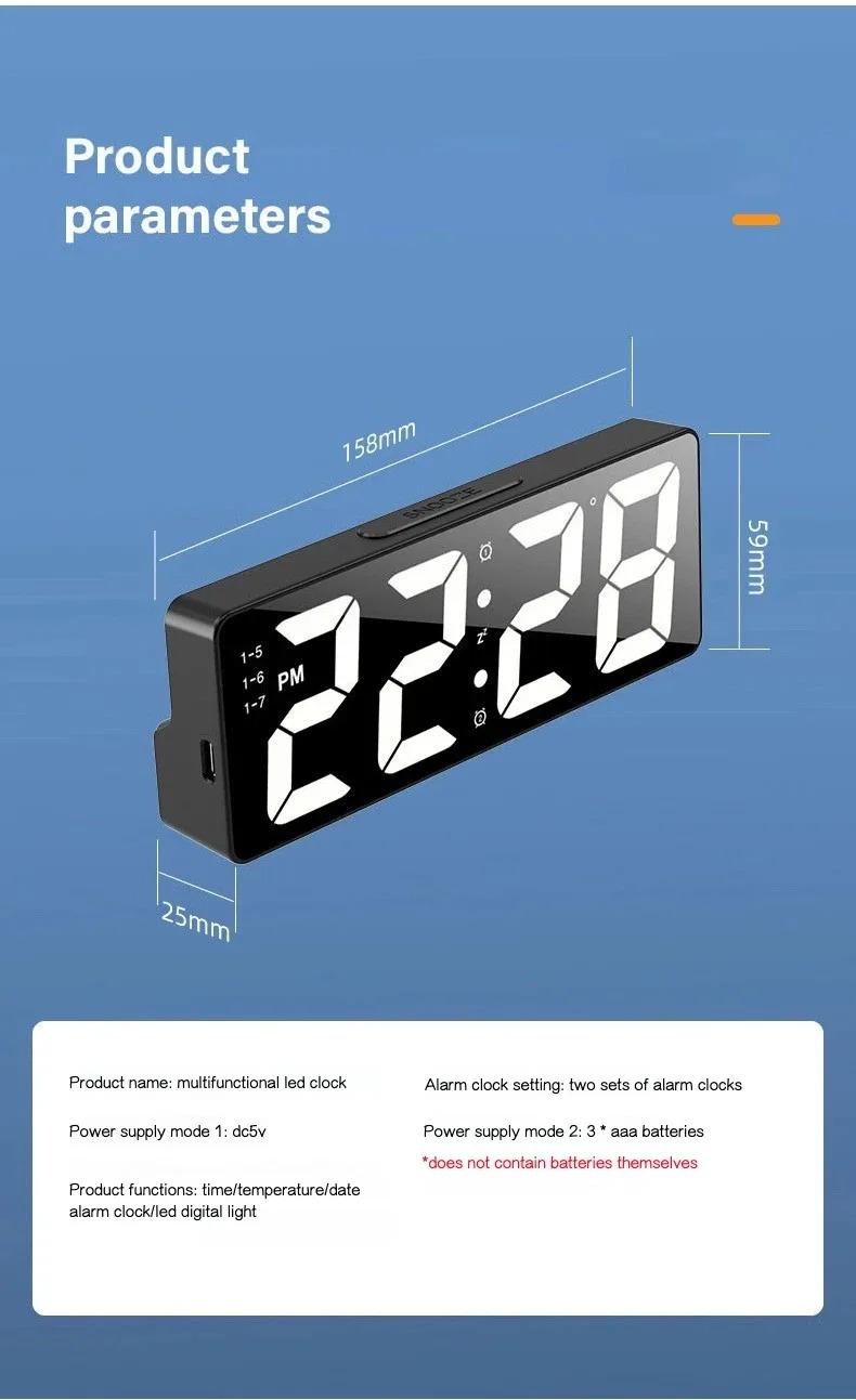 Digital Clock LED Wake Up Light Multifunctional Alarm Clock Bedroom Electronic Desktop Clock With Temperature Display Adjustable Brightness USB Powered Clock