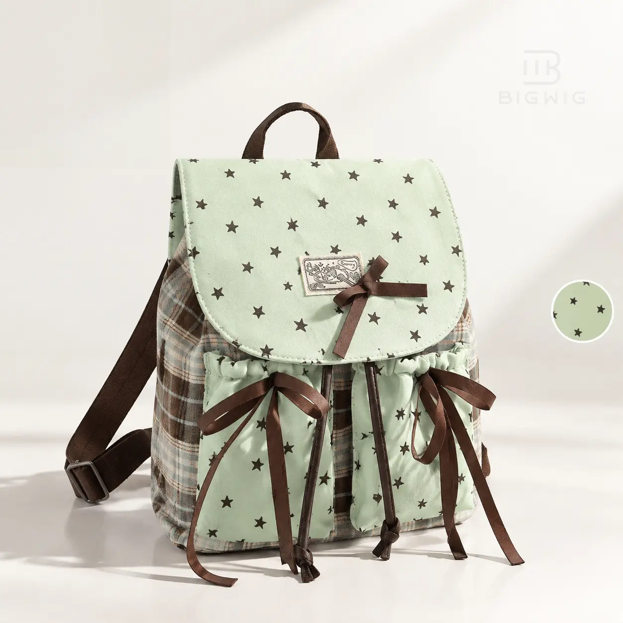 Green Women's Backpack Star Print Plaid Panel Drawstring Closure Medium-Soft Wear-Resistant Phone Pocket Everyday Style for Students Commuting Travel Shopping Casual Backpack