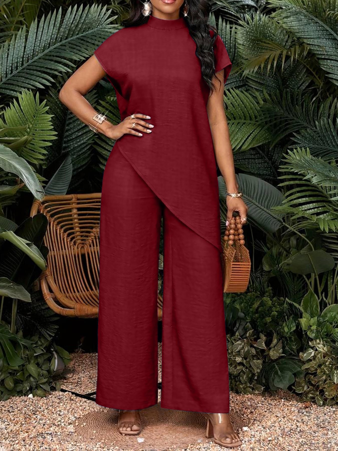 Summer Women's Suit Set, Wide Leg Pants Set, Casual Two-Piece Set, Stand Collar Sleeveless Top, Asymmetrical, High Waist, Business