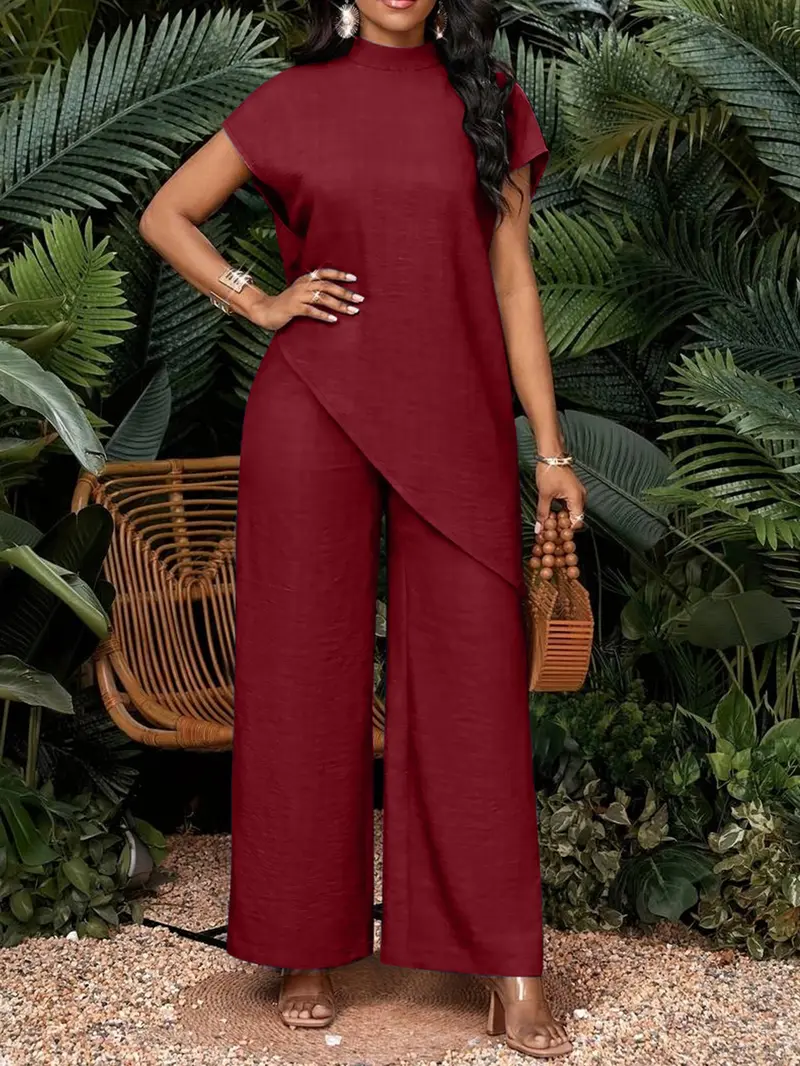 Summer Women's Stand Collar Asymmetrical Top & High Waist Wide Leg Pants Suit Set, Casual Two-Piece Set for Business, Womenswear, Casual Pantsuit
