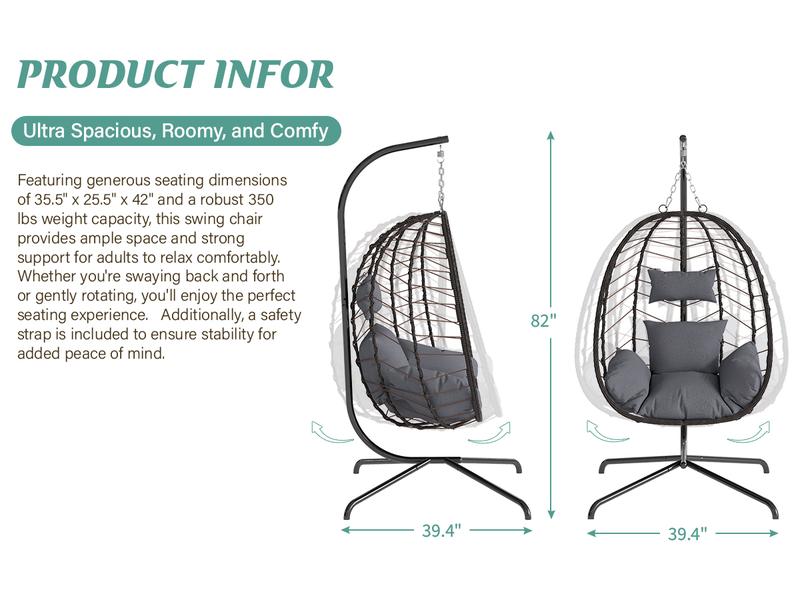 Hanging Wicker Egg Chair with Stand, Single Swing Chair with Cushions for Indoor and Outdoor Use, Supports Up to 350 lbs, Perfect for Patio, Garden, or Balcony