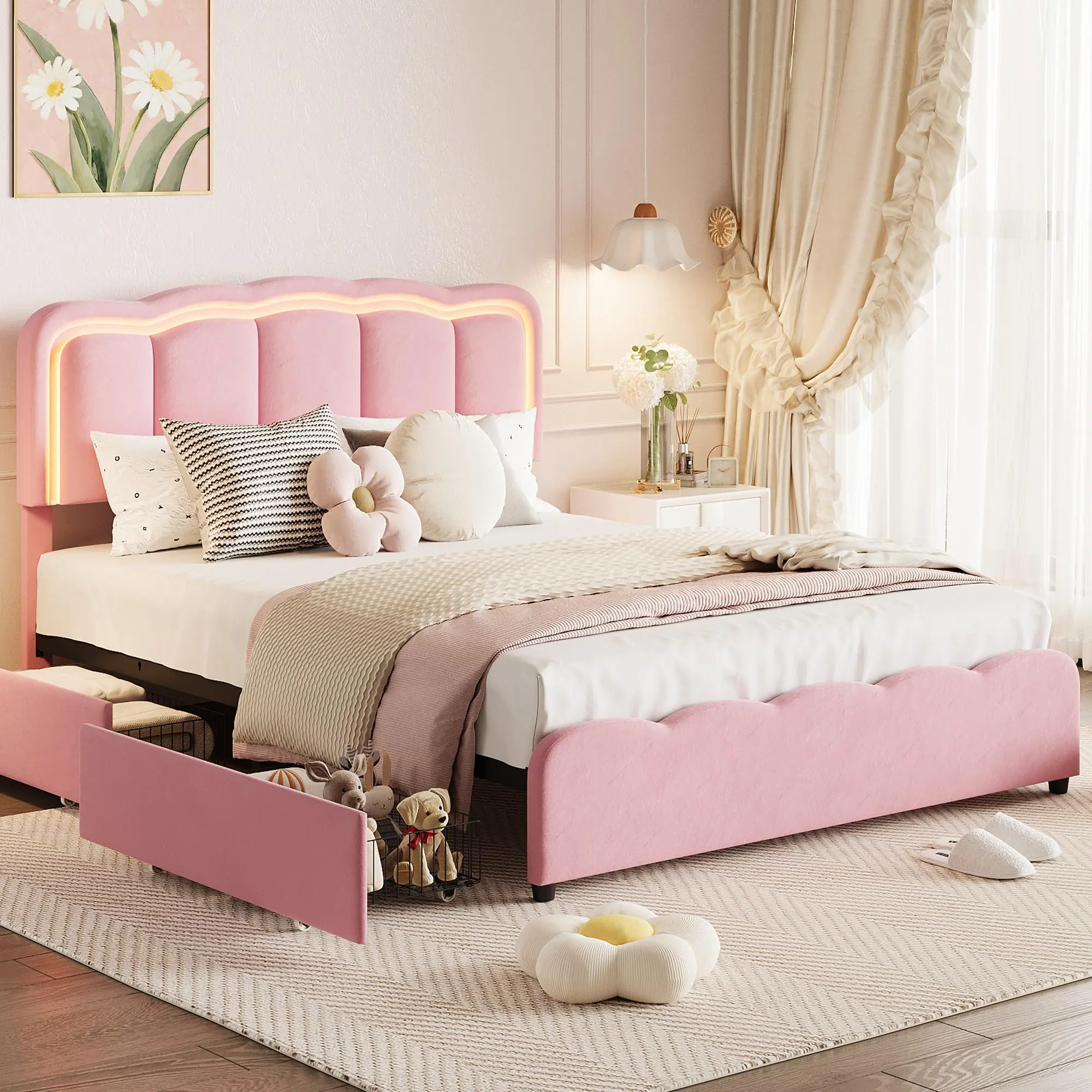 GARVEE Full Size Bed Frame with 2 Storage Drawers and LED Lights, Pink
