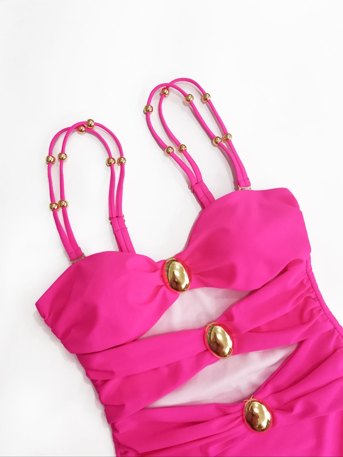 Women's Cut Out Ruched Cami One-piece Swimsuit, Solid Color Sleeveless Swimwear for Beach Holiday Vacation, Ladies Summer Clothes, Women's Swimsuits, Swim Bodysuit