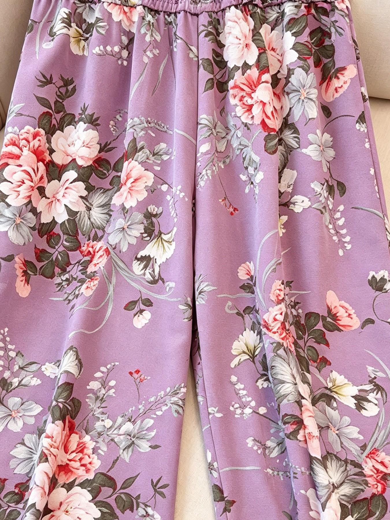 Lavender Floral High Waist Wide Leg Pants, Summer Casual Boho Palazzo Trousers with Pockets, All over Print, Fitted Style