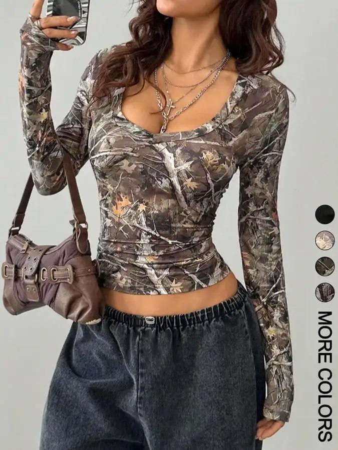 Women's Camouflage Print V Neck Tee, Casual Slim-fitting Long Sleeve T-shirt for Summer, Women's Top for Daily Wear, Lady