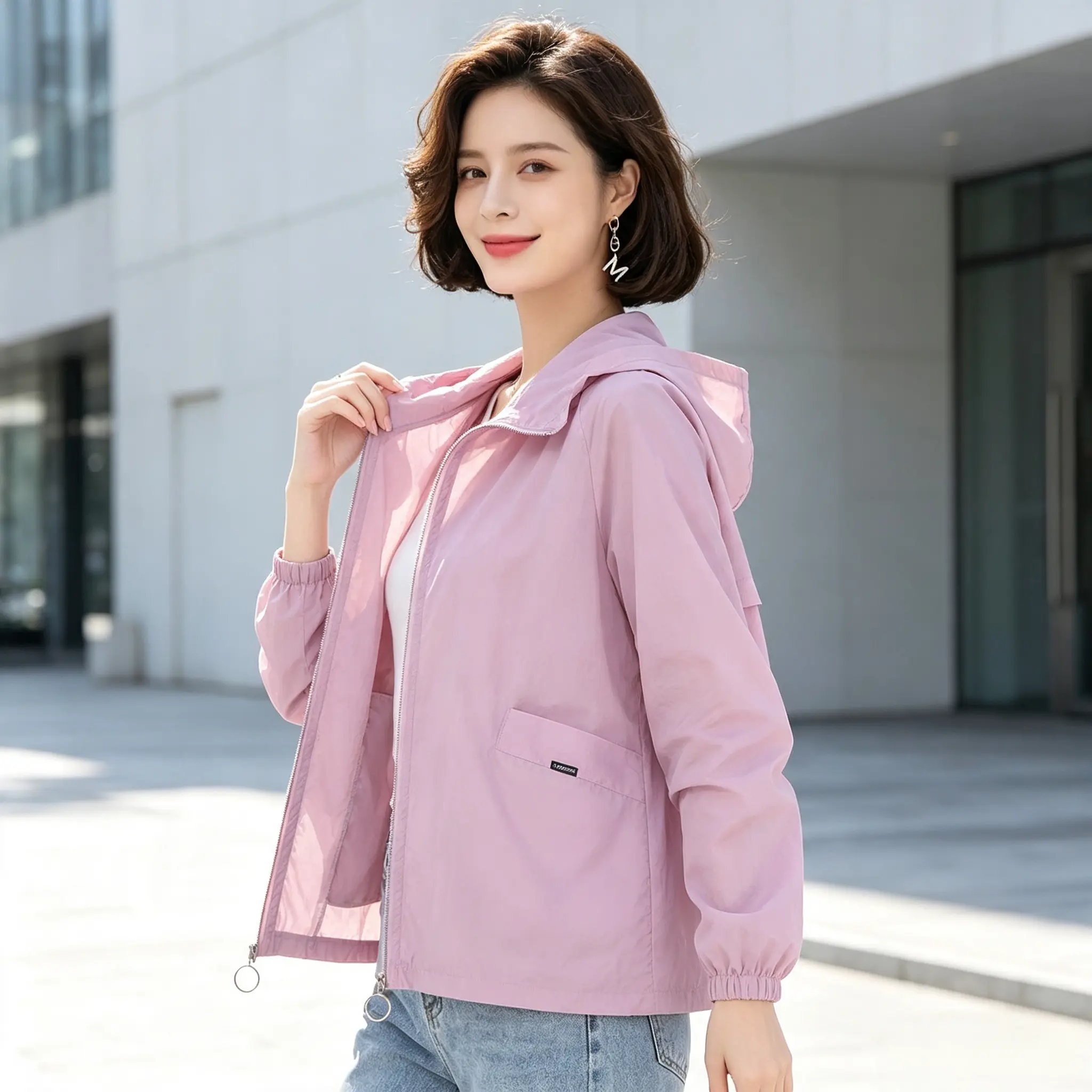 Women'S Solid Color Hooded Lightweight Windproof Jacket, Breathable And Loose For Summer, Zip-Up Cardigan For Daily Outings, Sun-Shielding And Breathable Casual Thin Jacket, Lightweight, Easy To Carry And Packable