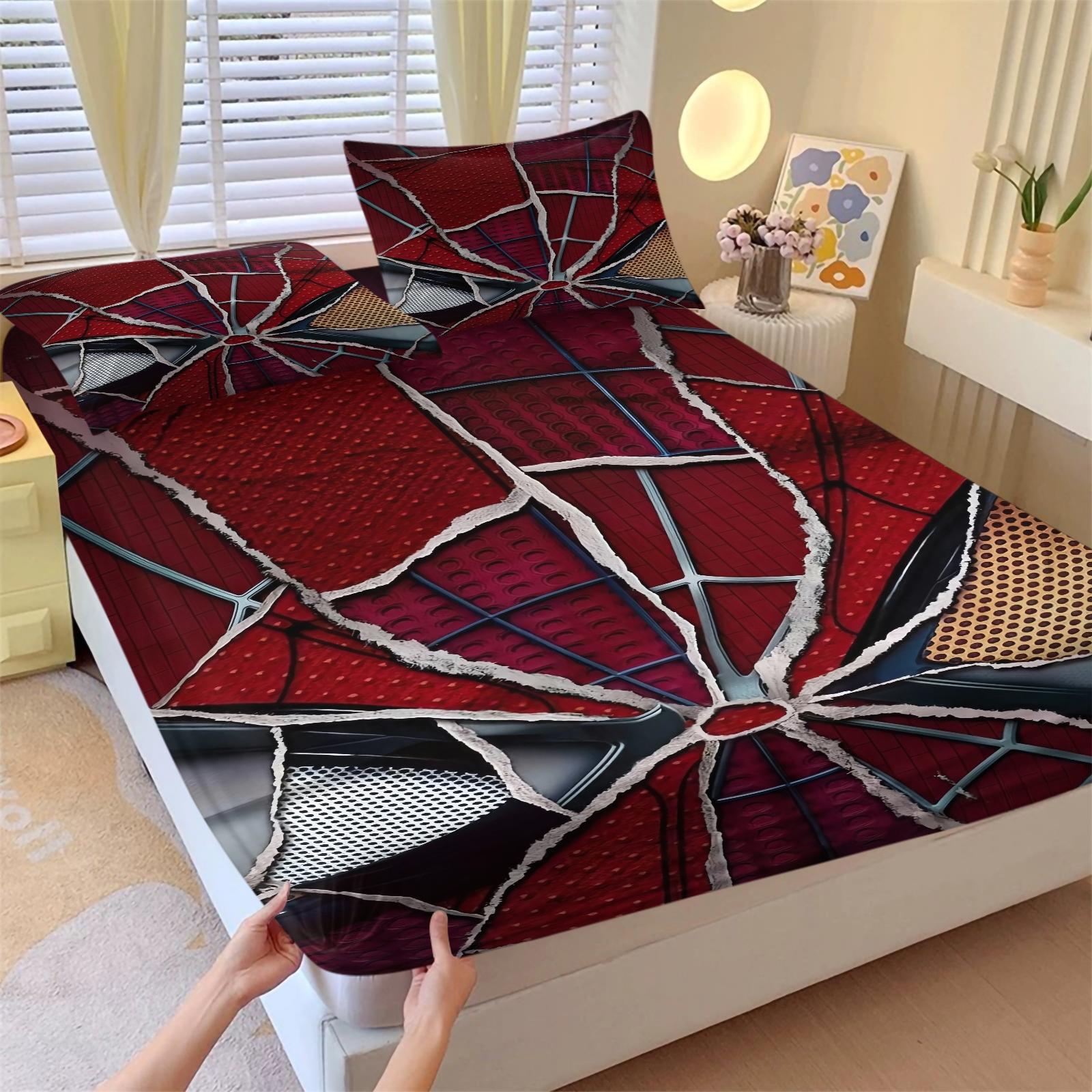 Spider web pattern printed bed sheet, Decorative Bedsheet Sets, warm and comfortable bedding, anti slip dust cover suitable for children's bedroom decoration, including 1 bed sheet and 2 pillowcases