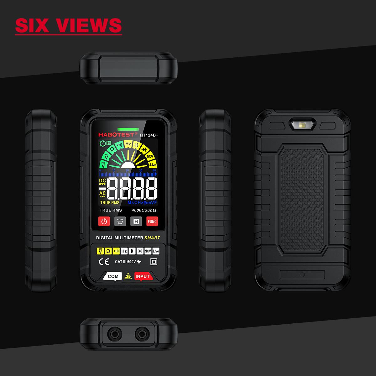 HABOTEST HT124B+ Smart Digital Multimeter 2.5-inch Color LCD Screen 600V AC/DC Voltmeter 4000 Counts True RMS Auto Ranging Voltage Meter NCV Live Wire Tester Resistance Capacitance Frequency Hz