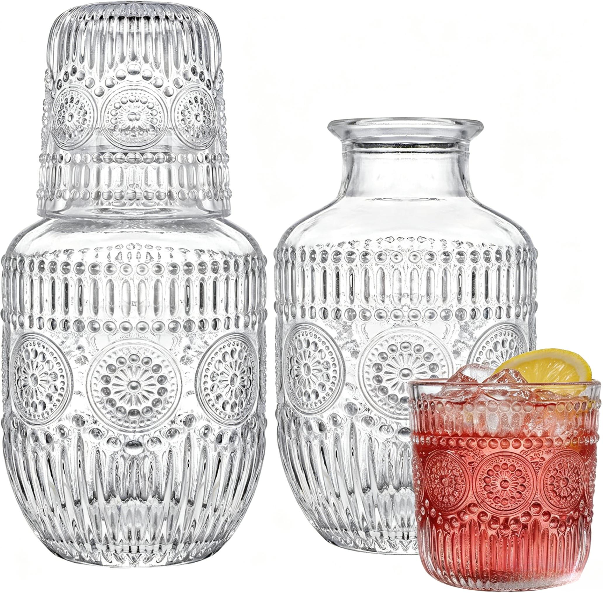 Vintage Glassware Bedside Carafe Set (2 Sets, 4 Pcs Total) - 14Oz Glass Pitcher & Cup for Daily Use, Contemporary Nightstand Drinkware for Bedroom, Wedding Supplies