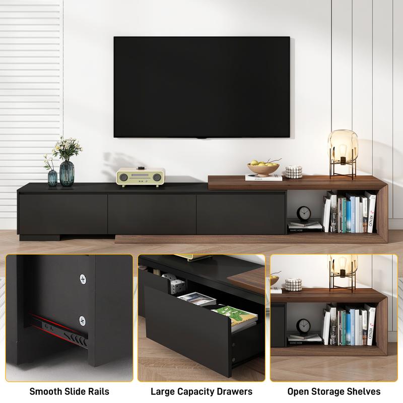Extendable TV Stand with 3 Drawers, Modern Minimalist Entertainment Center, Reversible Long TV Media Console, Bevel Design, 82-107 Inch, Black & Walnut/White & Walnut