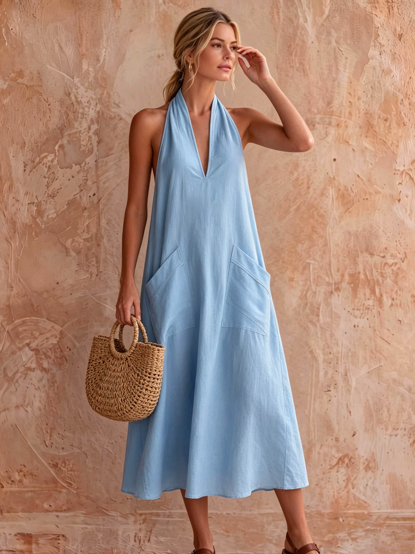 A fashionable women's neck hanging V-neck dress, summer Minimalist Casual loose sleeveless mid length lazy vacation long dress beach party dress suitable for beach vacation, coffee shop relaxation, afternoon tea, daily commuting, light office banquet