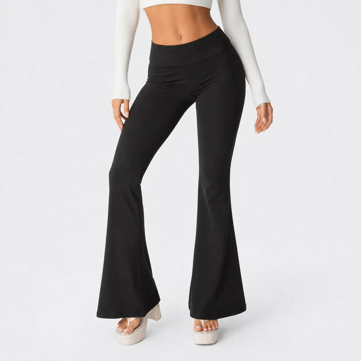 Women's Spring Summer Bell Bottom Pants High Waisted Stretch  Solid Color Flared Pants