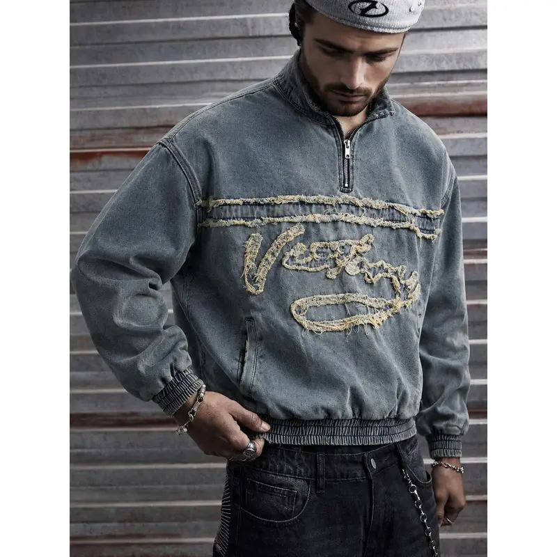 Men's Cotton Blend Embroidered Frayed Letter Denim Shirt Jacket - Vintage Washed Cropped Short-Sleeve Stylish Zip-Up Male Clothing, Fashion Streetwear Y2K Casual Elegance Jackets