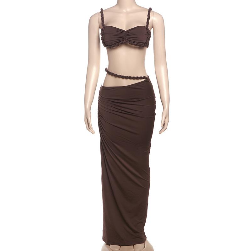 DOUCIU Multicolor Summer Beach Vacation Cool Light Sexy Hot Thin Women's Twisted Spaghetti Strap Vest Skirt Two-Piece Set, Lady Clothes, Plain Skirt Set