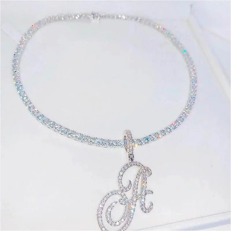 2025 New A-Z Cursive Letters Name Pendant Necklace Iced Out Bling 5A+ Cubic Zircon CZ Silver Color Letters Charm HipHop Jewelry