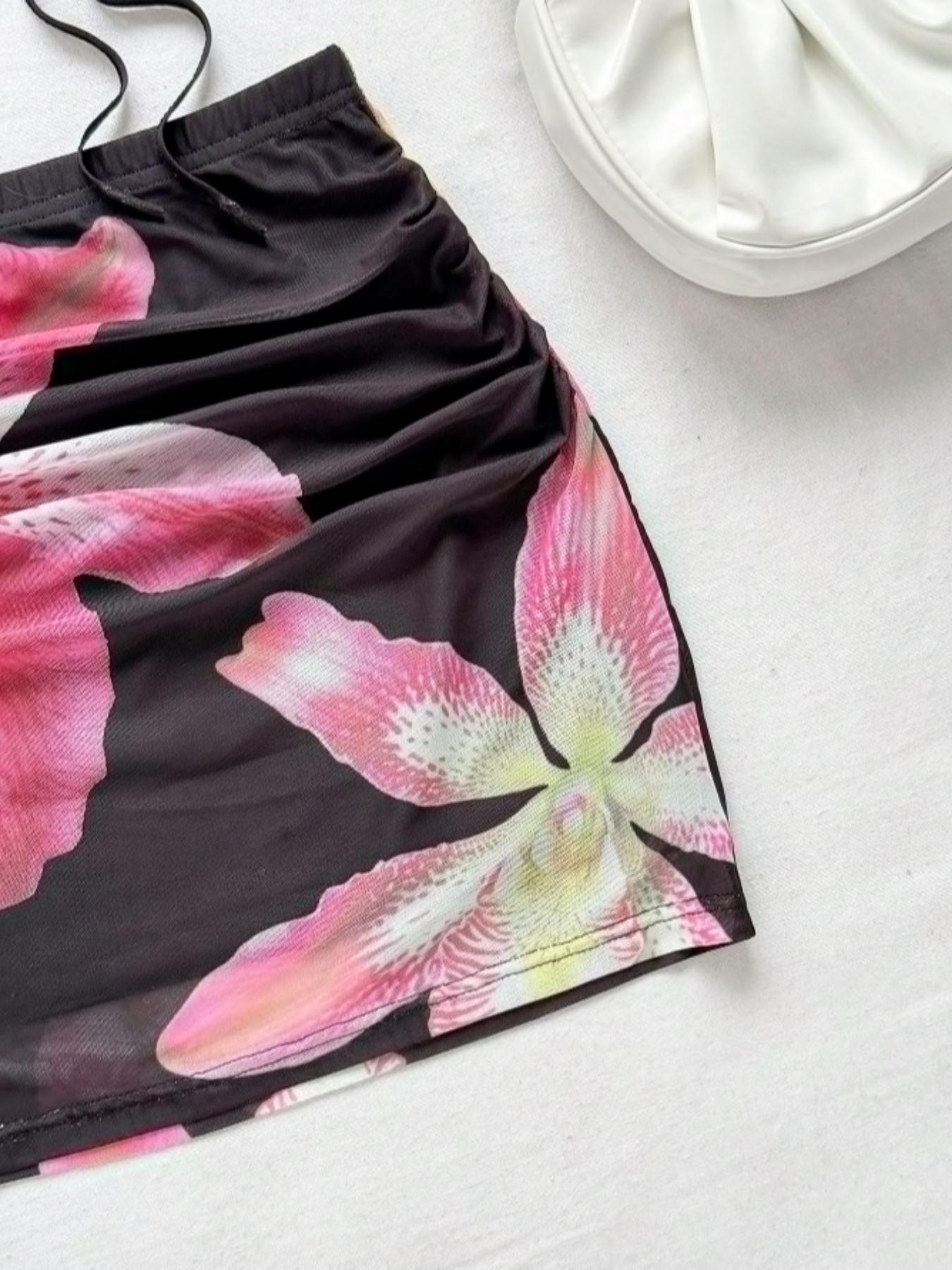 Romantic Floral Print Bandeau Eyelet Mesh Backless Top, Adjustable Drawstring Design, Sleeveless & Strapless Style, Perfect for Summer, Fashion