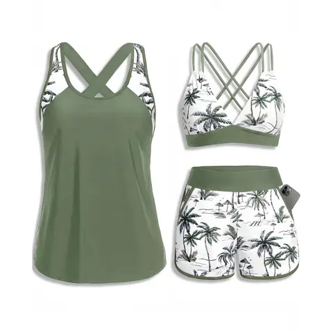 Daci Women Three Piece Tankini Swimsuits - Tummy Control Tank Top with Bra Modest Bathing Suit with Pockets Boyshorts Bottom