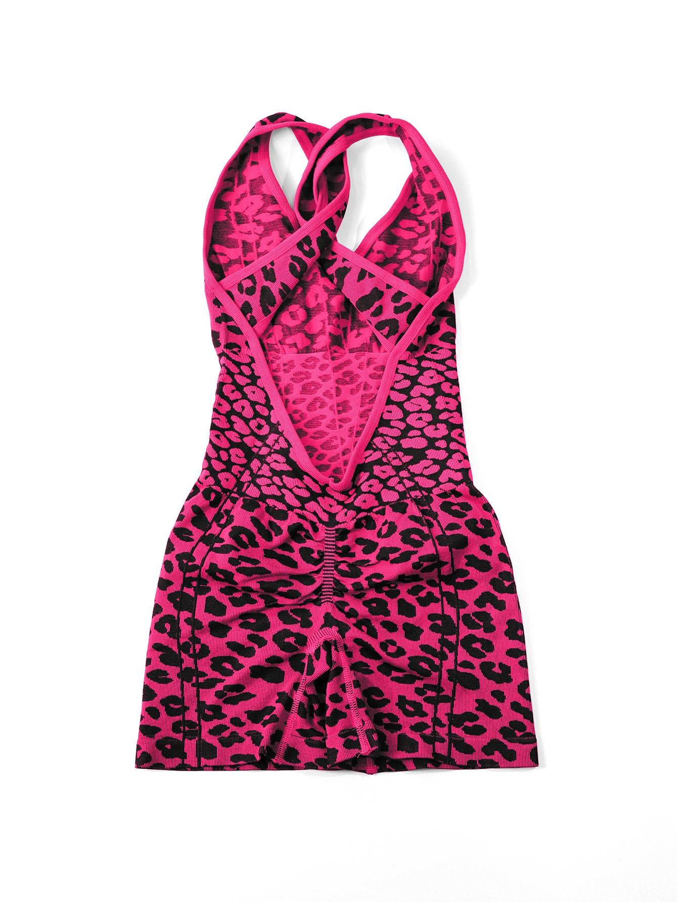 Women's Sporty Jumpsuit, Deep U-Neck Leopard Print, High Waist Fitted, Breathable Yoga Wear, Gym Outdoor Running Training