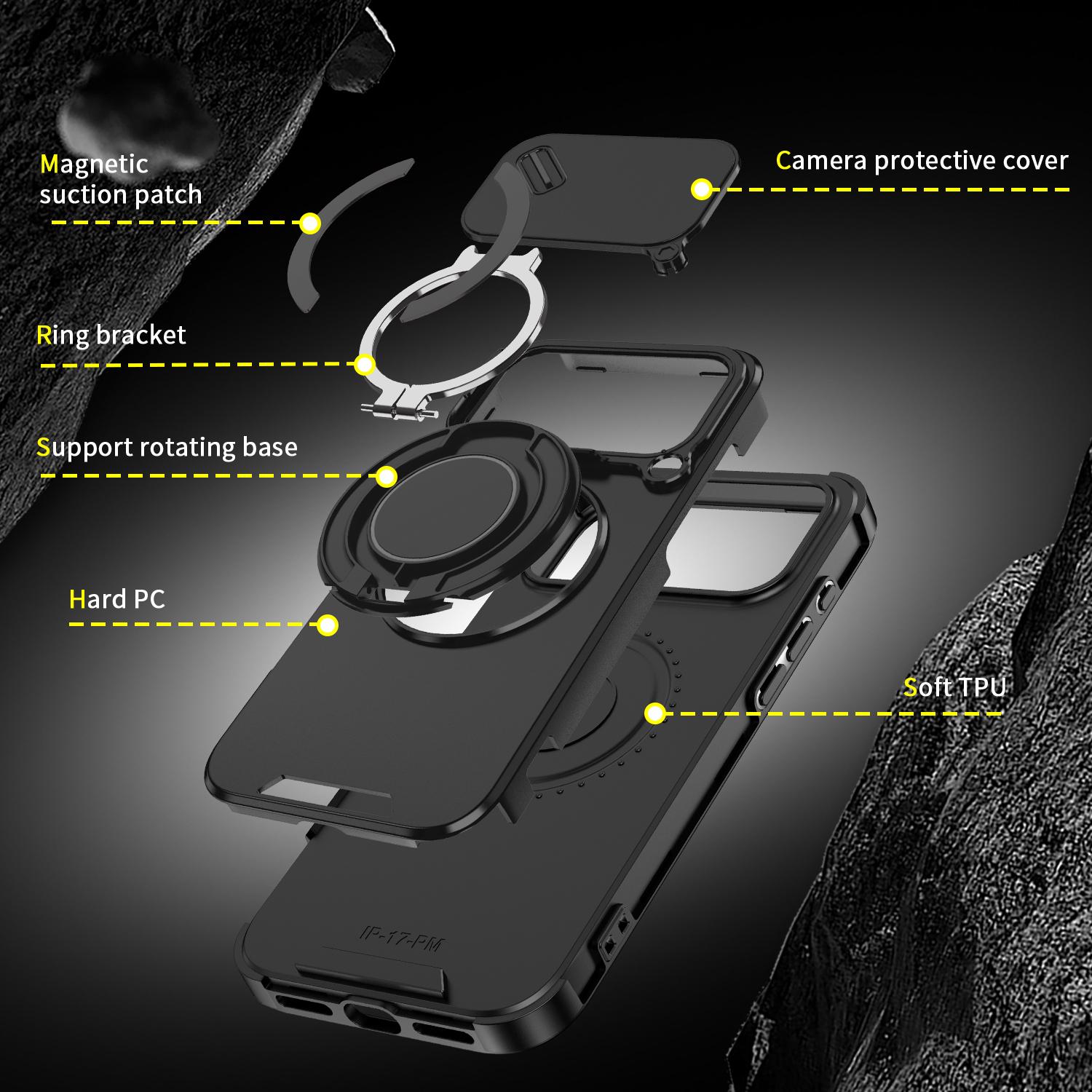 Slide Camera Cover For iPhone 17 Pro Max 16/15/14/13/12 Military Grade Drop Protection Anti-Fingerprint Coating 360° Rotatable Ring Holder Stand Black Shockproof Protective Casing