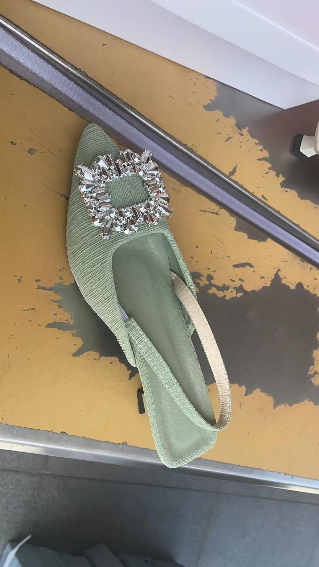 Women Summer Sandals Rhinestone Square Buckle Fairy Style Open Back French Style Stiletto Pointed Toe